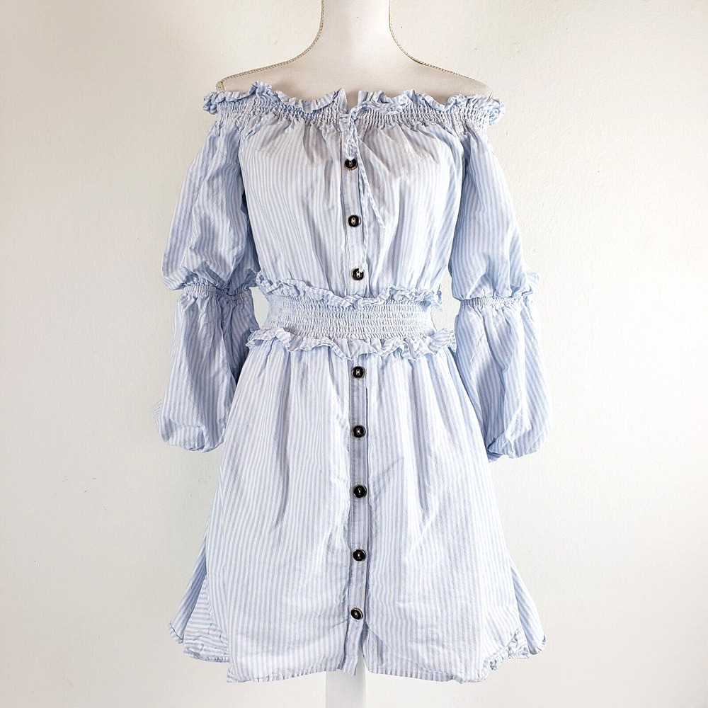 Gianni Bini SIZE L Blue White Striped Puff Sleeve Lined Smocked Dress Tunic